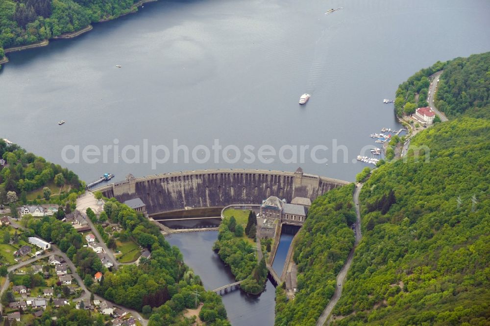 Edertal from above - Dam and shore areas at the lake Edersee in Edertal in the state Hesse