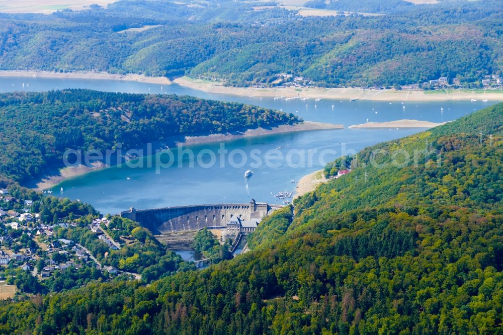 Aerial image Edertal - Dam and shore areas at the lake Edersee in Edertal in the state Hesse, Germany