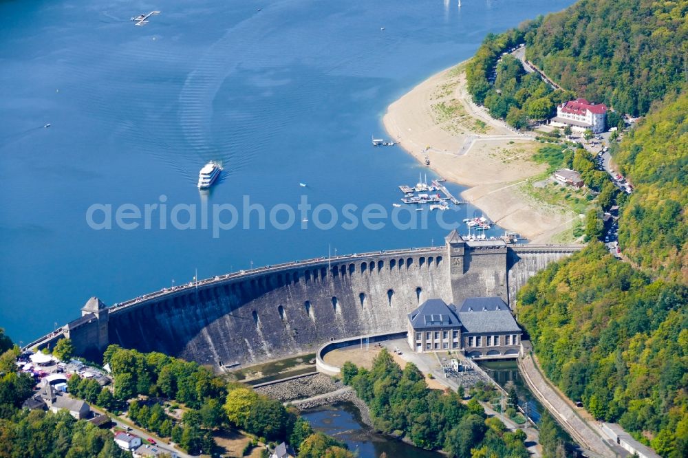 Aerial image Edertal - Dam and shore areas at the lake Edersee in Edertal in the state Hesse, Germany