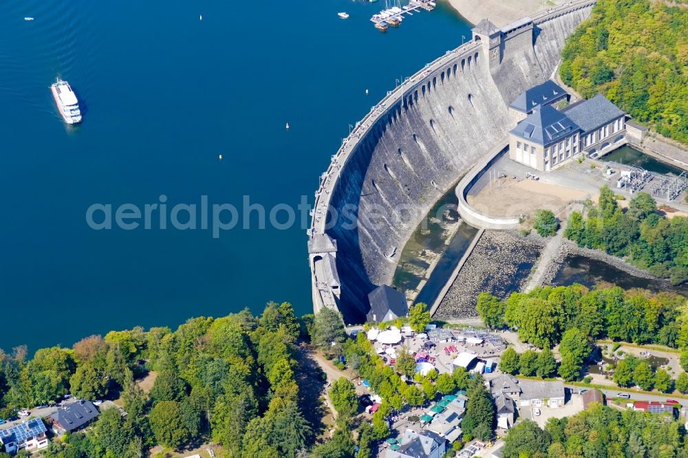 Edertal from above - Dam and shore areas at the lake Edersee in Edertal in the state Hesse, Germany