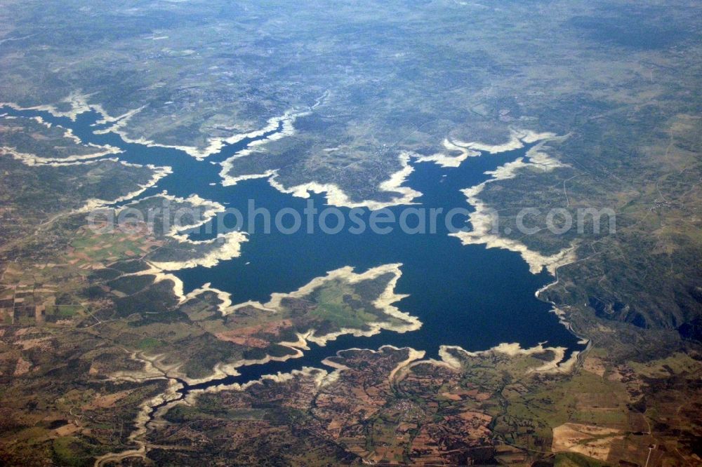 Monleras from above - Dam and shore areas at the reservoir lake Almendra in Monleras in Castilla y LeA?n, Spain. The hyro power plant is operated by Iberdrola