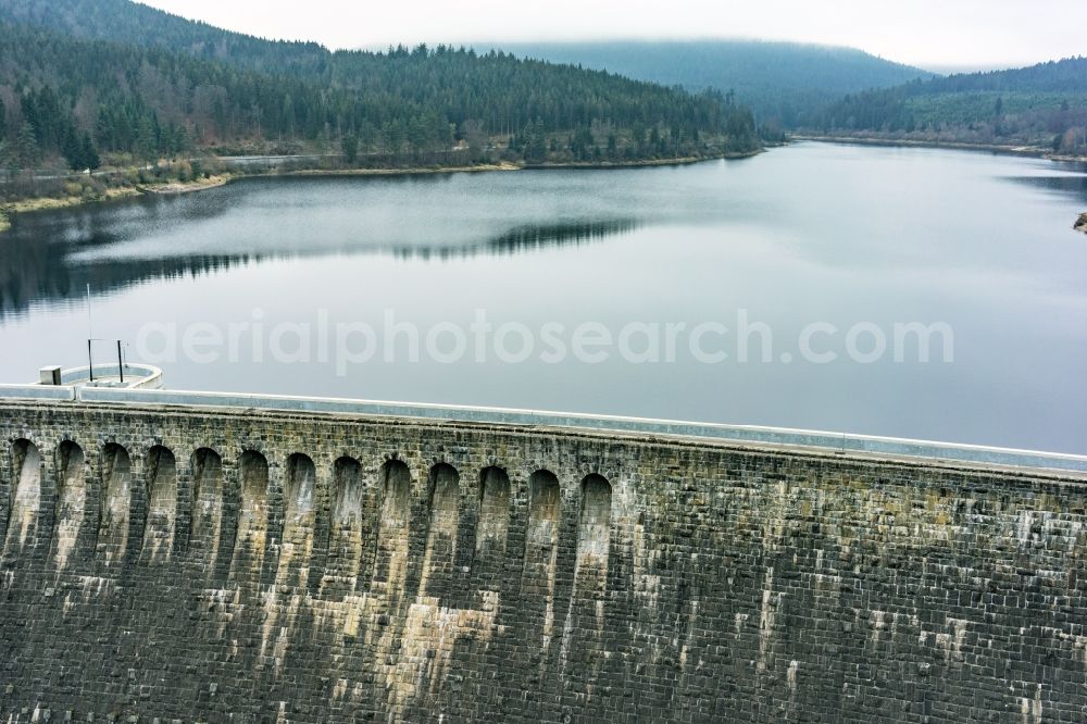 Forbach from above - Dam and shore areas at the lake Schwarzenbachtalsperre in Forbach in the state Baden-Wuerttemberg