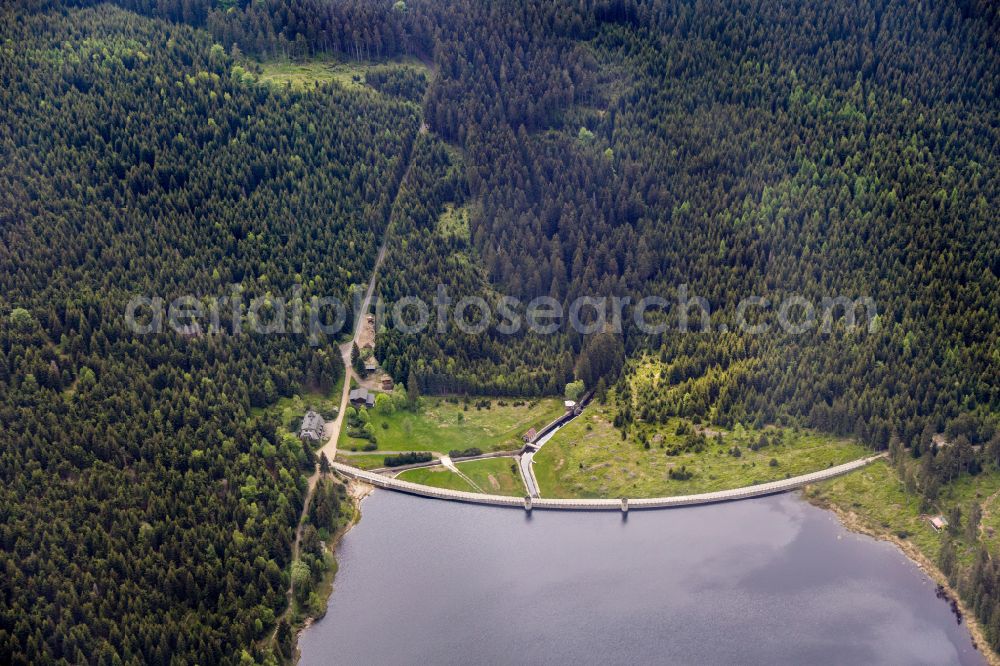 Friedrichswald from above - Dam and shore areas at the lake in Friedrichswald in Liberecky kraj, Czech Republic