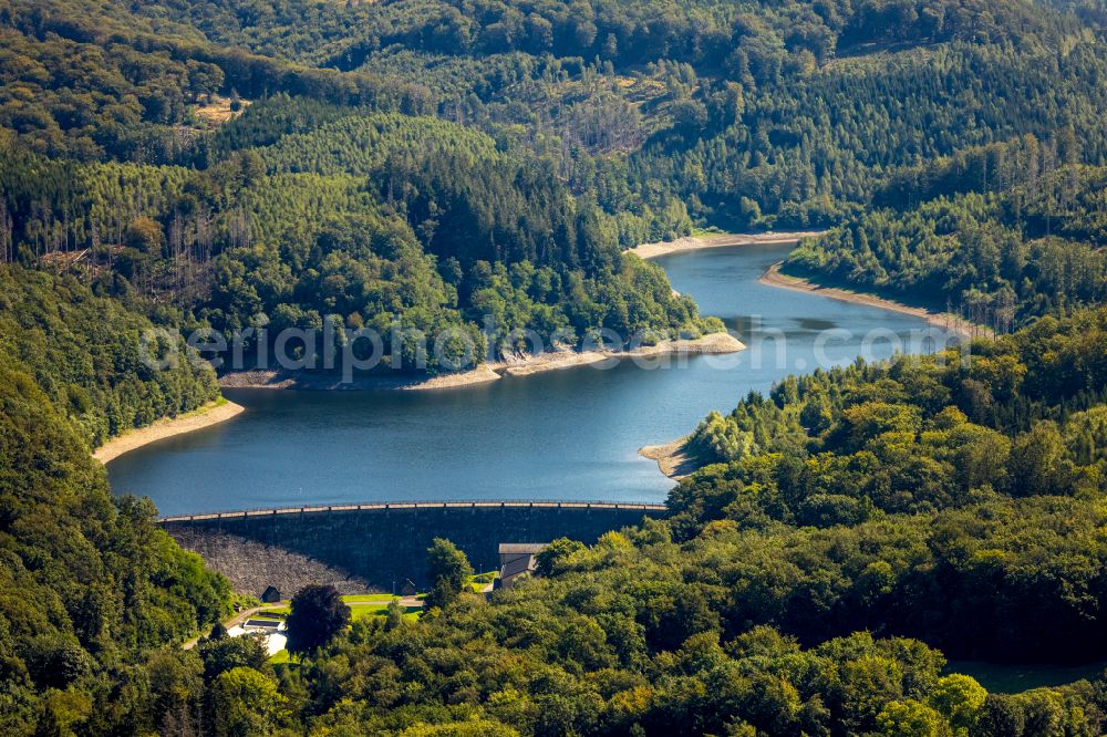 Hagen from above - Dam and shore areas at the lake Hasper Bach on street Talsperrenweg in Hagen at Ruhrgebiet in the state North Rhine-Westphalia, Germany