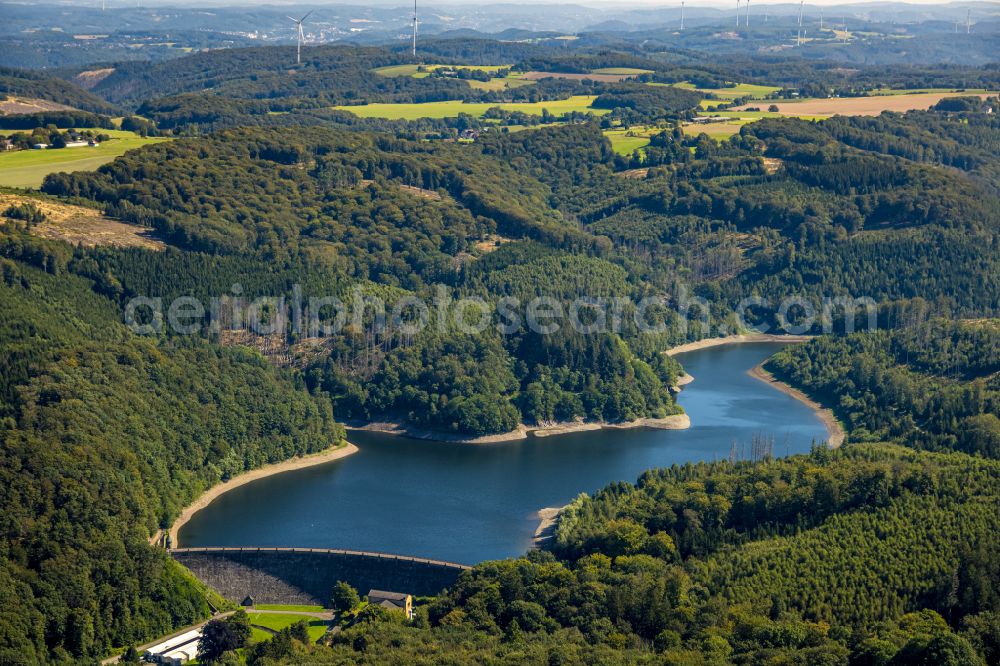 Hagen from the bird's eye view: Dam and shore areas at the lake Hasper Bach on street Talsperrenweg in Hagen at Ruhrgebiet in the state North Rhine-Westphalia, Germany