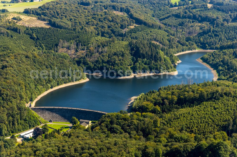 Aerial image Hagen - Dam and shore areas at the lake Hasper Bach on street Talsperrenweg in Hagen at Ruhrgebiet in the state North Rhine-Westphalia, Germany