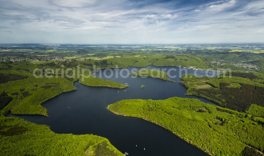 Heimbach from above - Dam and shore areas at the lake Ruhrtalsperre Schwammenauel in Heimbach in the state North Rhine-Westphalia