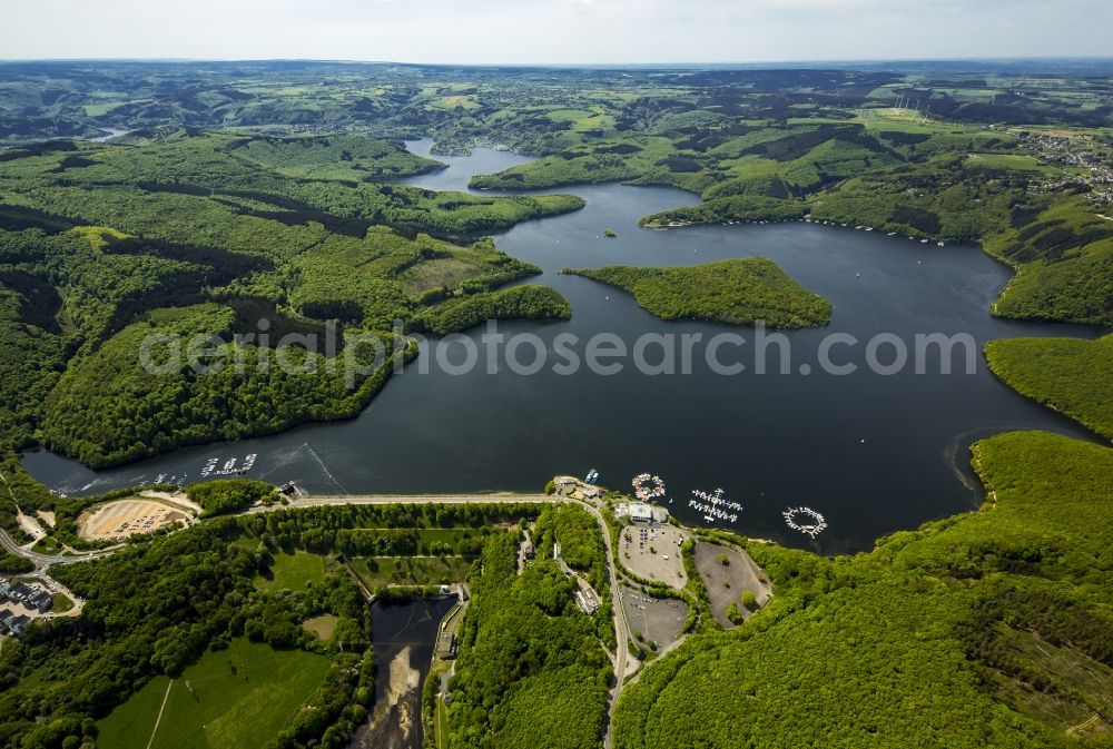 Heimbach from above - Dam and shore areas at the lake Ruhrtalsperre Schwammenauel in Heimbach in the state North Rhine-Westphalia