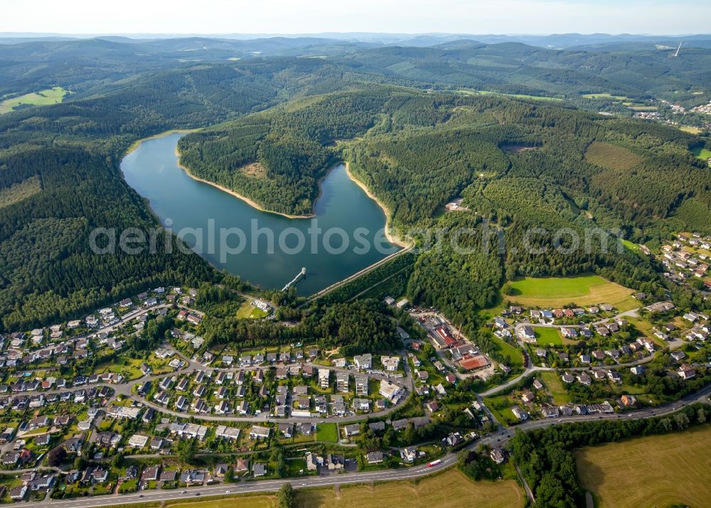 Aerial photograph Hilchenbach - Dam and shore areas at the lake Breitenbachtalsperre at the district Allenbach in Hilchenbach in the state North Rhine-Westphalia