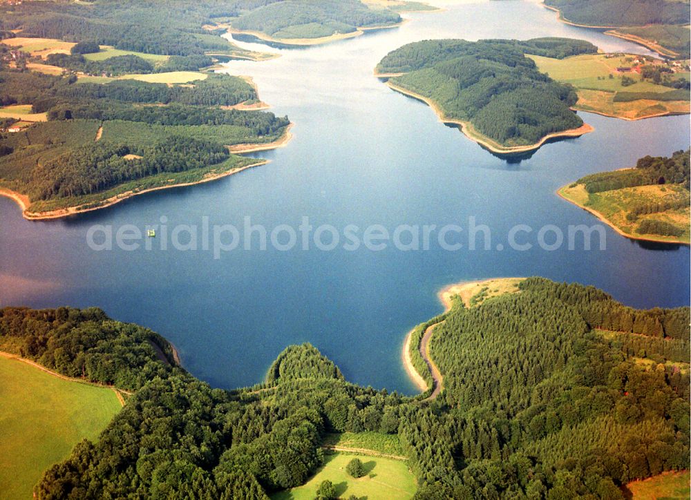 Kürten from above - Dam and shore areas at the lake Grosse Dhuenntalsperre in Kuerten in the state North Rhine-Westphalia, Germany