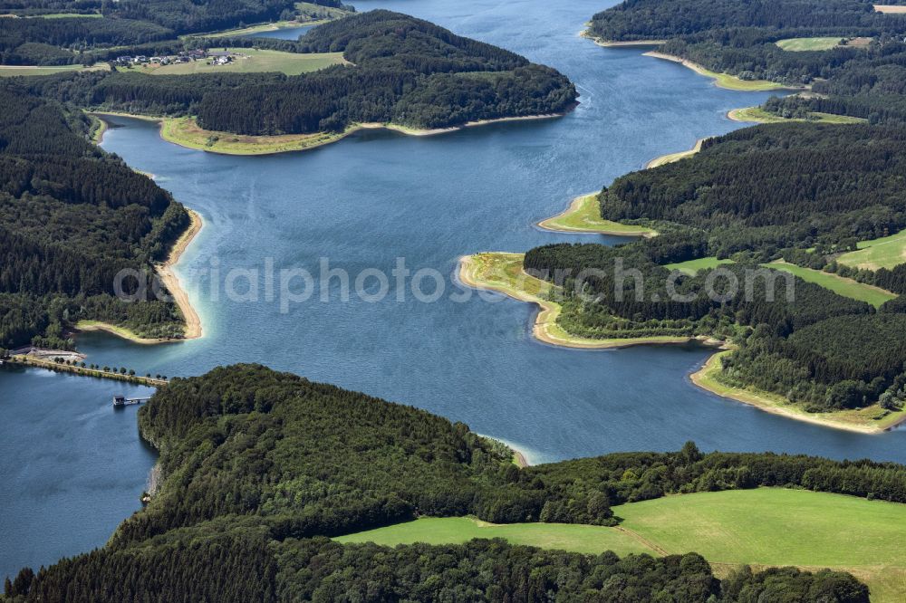 Kürten from the bird's eye view: Dam and shore areas at the lake Grosse Dhuenntalsperre in Kuerten in the state North Rhine-Westphalia, Germany