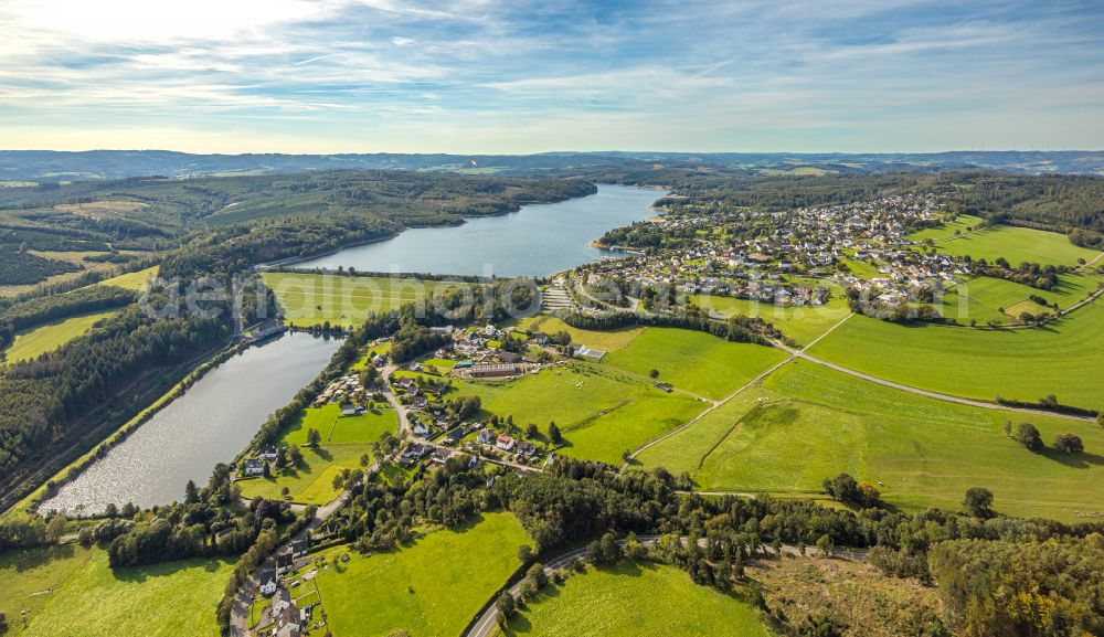 Langscheid from above - Dam and shore areas at the lake Sorpesee in Langscheid at Sauerland in the state North Rhine-Westphalia, Germany