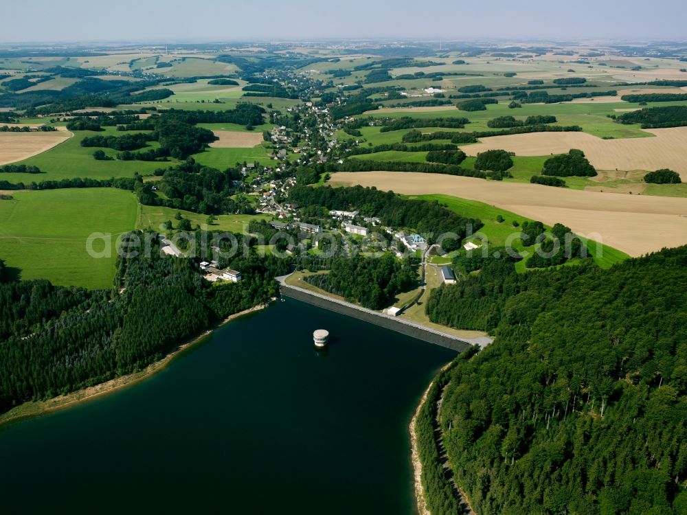 Lichtenberg/Erzgebirge from the bird's eye view: Dam and shore areas at the lake Talsperre Lichtenberg in Lichtenberg/Erzgebirge in the state Saxony, Germany