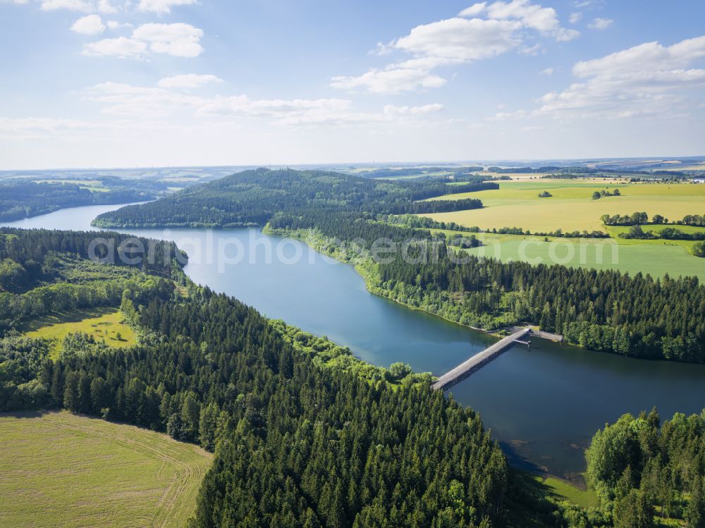 Lichtenberg/Erzgebirge from the bird's eye view: Dam and shore areas at the lake Talsperre Lichtenberg in Lichtenberg/Erzgebirge in the state Saxony, Germany