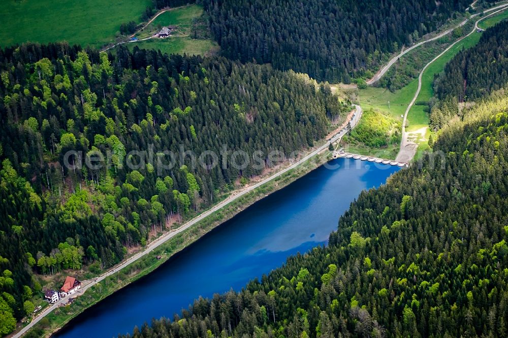 Vöhrenbach from above - Dam and shore areas at the lake Linach in Voehrenbach in the state Baden-Wuerttemberg, Germany