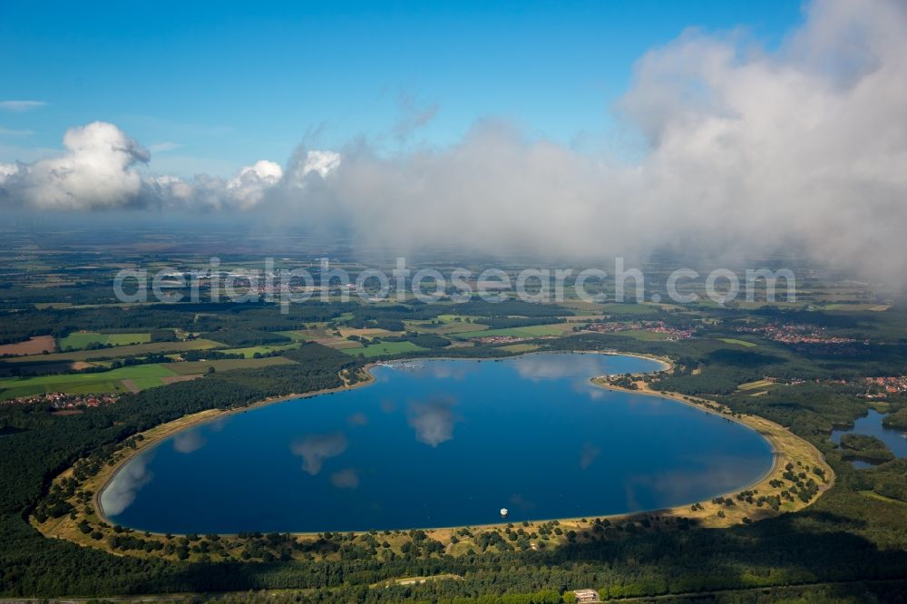 Lingen (Ems) from above - Dam and shore areas at the lake - Speicherbecken Geeste in Lingen (Ems) in the state Lower Saxony