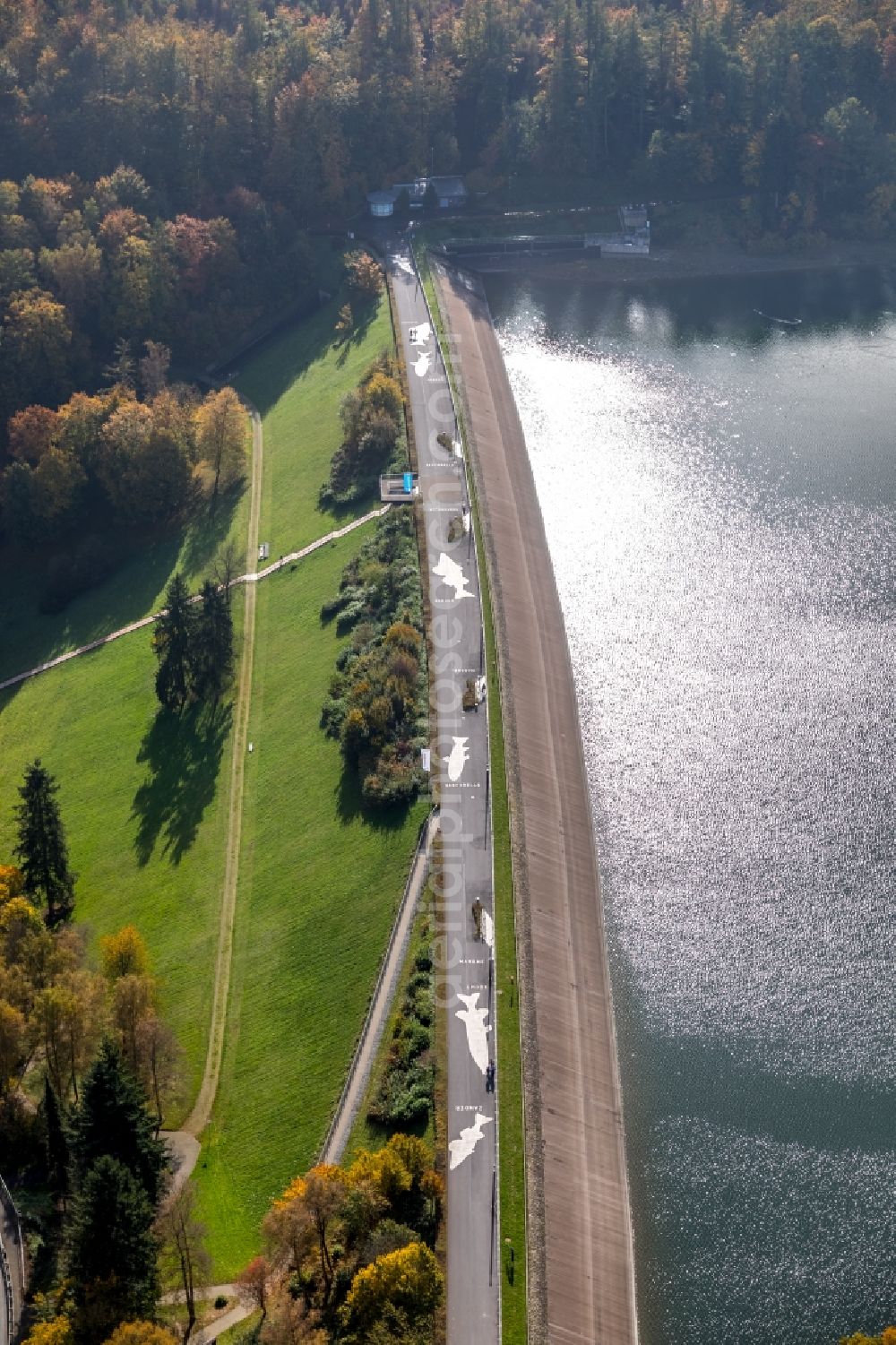 Aerial photograph Meschede - Dam and shore areas at the lake Hennessee in Meschede in the state North Rhine-Westphalia, Germany