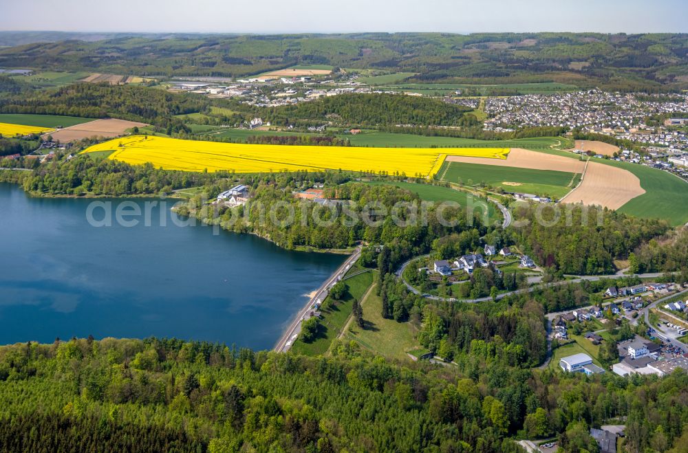 Meschede from the bird's eye view: Dam and shore areas at the lake Hennessee in Meschede in the state North Rhine-Westphalia, Germany