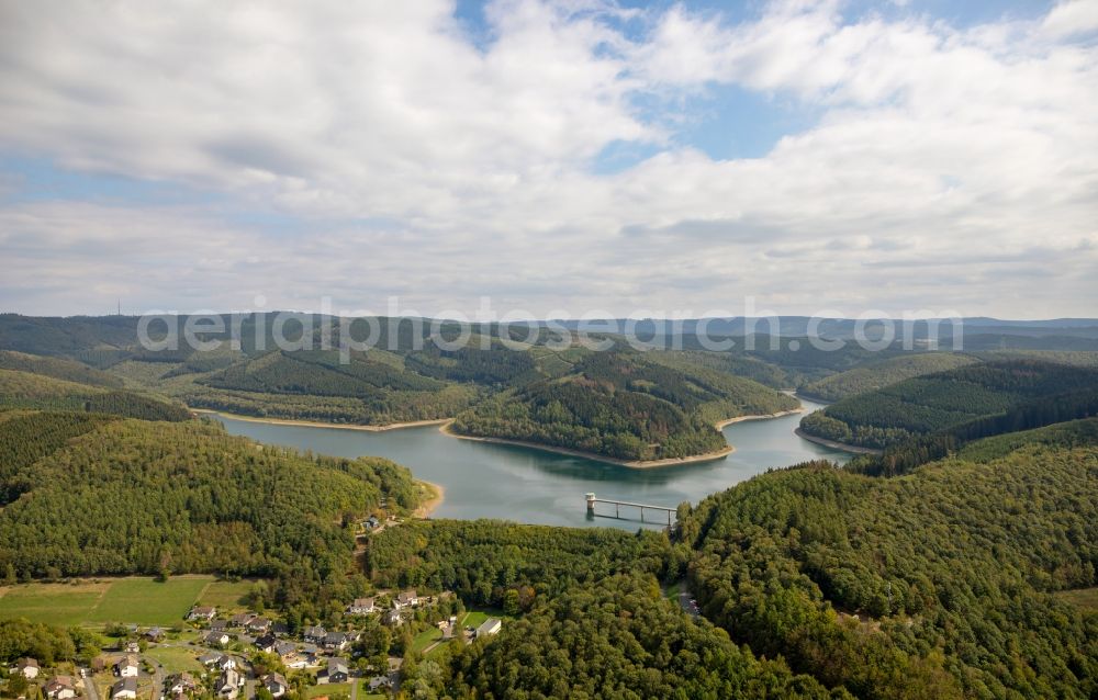 Netphen from above - Dam and shore areas at the lake Obernautalsperre in Netphen in the state North Rhine-Westphalia, Germany
