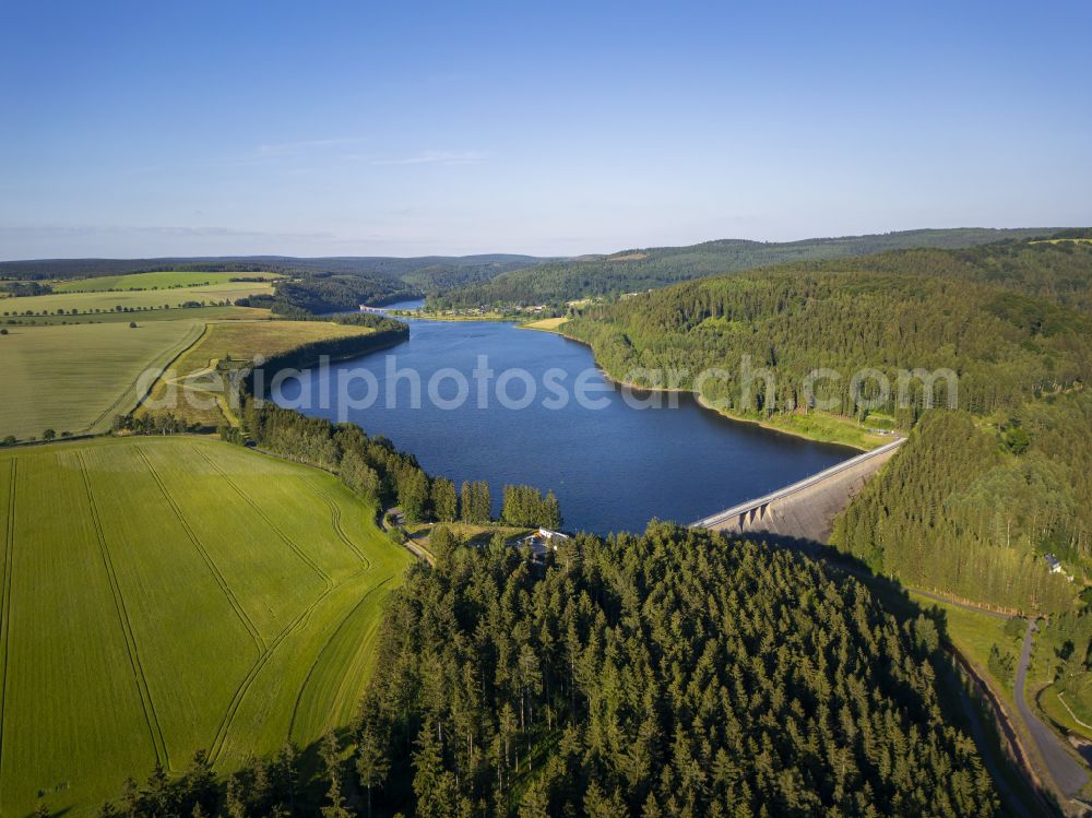 Aerial image Neuhausen/Erzgebirge - Dam and shore areas at the lake Talsperre Rauschenbach in Neuhausen/Erzgebirge in the state Saxony, Germany