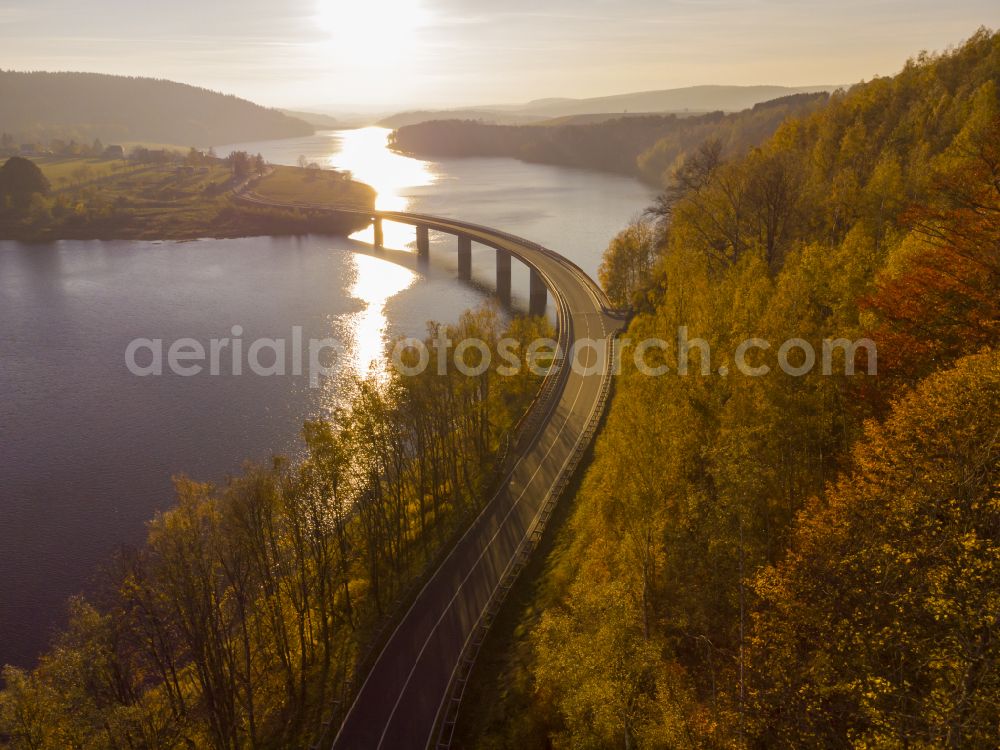 Neuhausen/Erzgebirge from above - Dam and shore areas at the lake Talsperre Rauschenbach in Neuhausen/Erzgebirge in the state Saxony, Germany