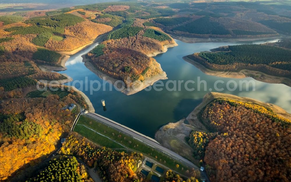 Stolberg (Rheinland) from above - Dam and shore areas at the lake Wehebachtalsperre in the district Schevenhuette in Stolberg (Rheinland) in the state North Rhine-Westphalia, Germany