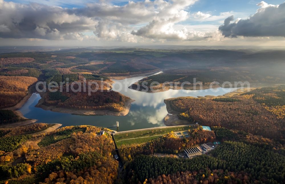 Aerial image Stolberg (Rheinland) - Dam and shore areas at the lake Wehebachtalsperre in the district Schevenhuette in Stolberg (Rheinland) in the state North Rhine-Westphalia, Germany