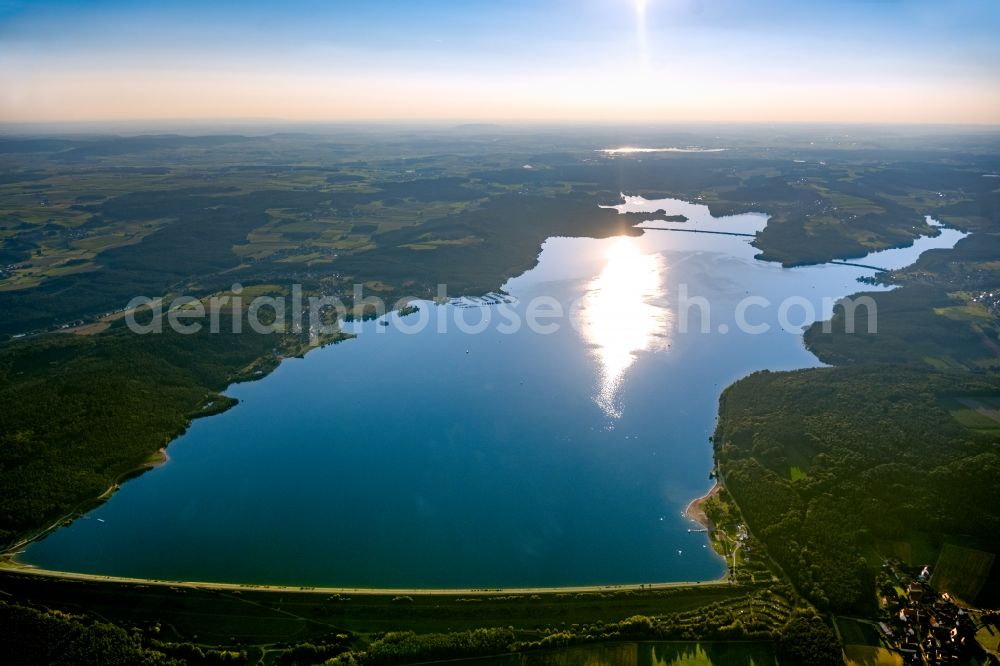 Ramsberg from above - Dam and shore areas at the lake Grosser Brombachsee in Ramsberg in the state Bavaria, Germany