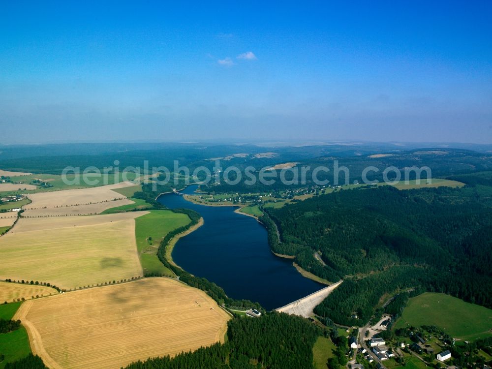 Aerial image Rauschenbach - Dam and shore areas at the lake Talsperre Rauschenbach in Rauschenbach in the state Saxony, Germany