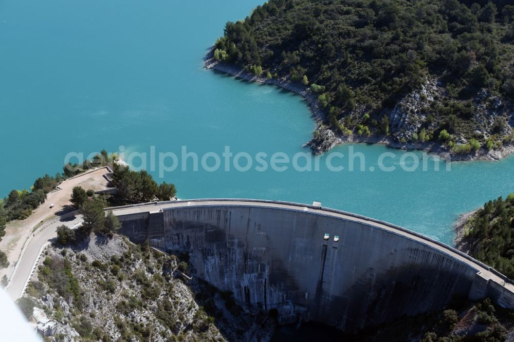 Aerial image Saint-Marc-Jaumegarde - Dam and shore areas at the lake Barage De Bimont Beaurecueil in Saint-Marc-Jaumegarde in Provence-Alpes-Cote d'Azur, France