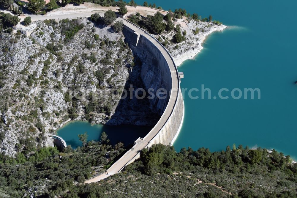 Saint-Marc-Jaumegarde from above - Dam and shore areas at the lake Barage De Bimont Beaurecueil in Saint-Marc-Jaumegarde in Provence-Alpes-Cote d'Azur, France