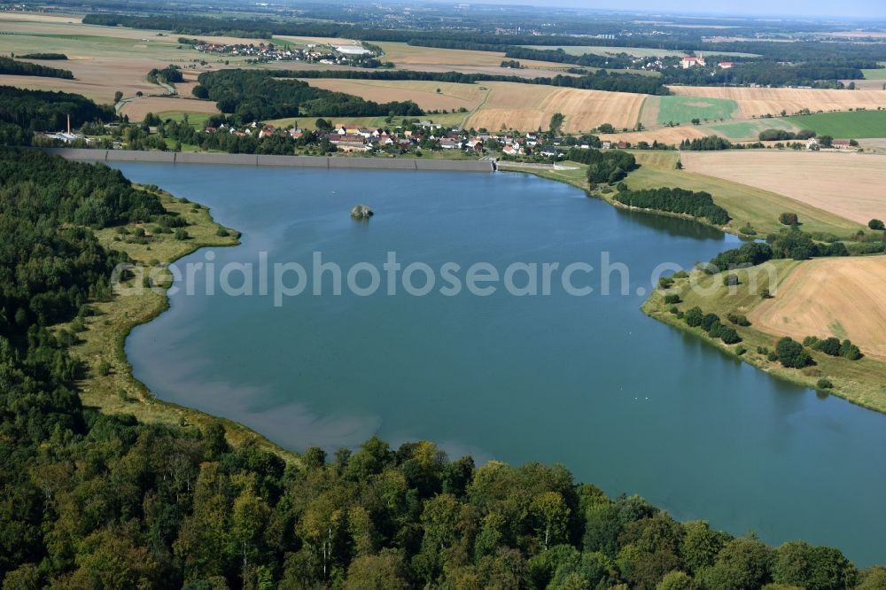 Aerial image Schömbach - Dam and shore areas at the lake in Schoembach in the state Saxony