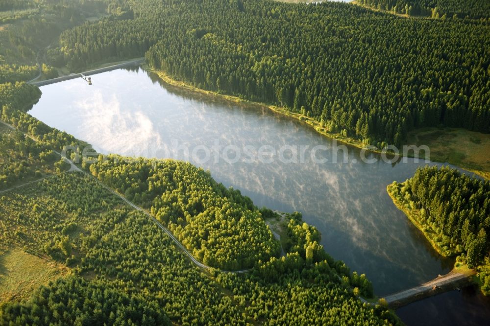 Aerial image Südharz - Dam and shore areas at the lake of Kiliansteich in Suedharz in the state Saxony-Anhalt, Germany