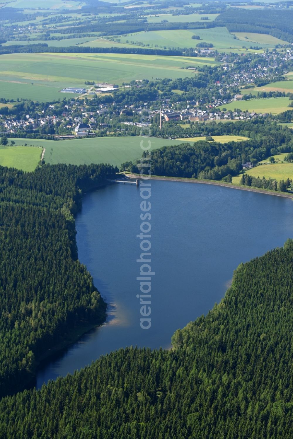 Sehmatal from above - Dam and shore areas at the lake Cranzahl in Sehmatal in the state Saxony, Germany
