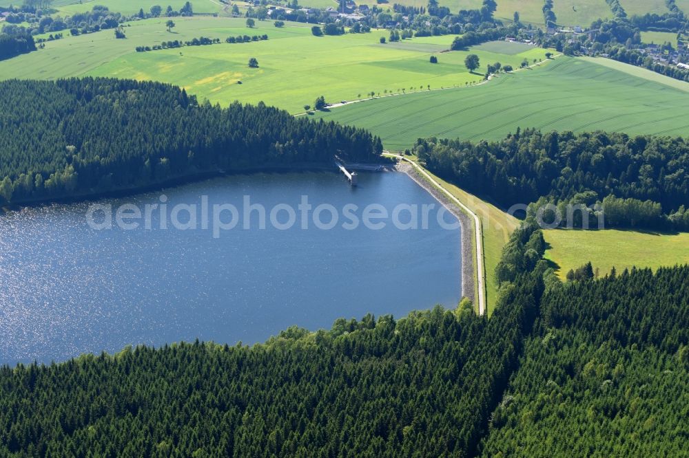 Aerial image Sehmatal - Dam and shore areas at the lake Cranzahl in Sehmatal in the state Saxony, Germany