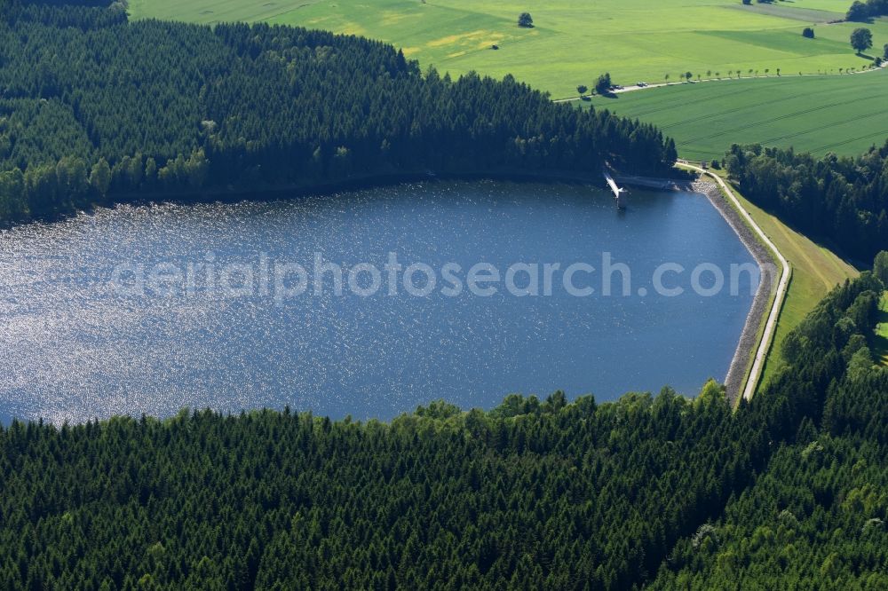Sehmatal from above - Dam and shore areas at the lake Cranzahl in Sehmatal in the state Saxony, Germany