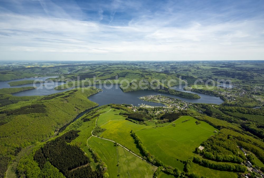 Simmerath from above - Dam and shore areas at the lake Rurstausee in Simmerath in the state North Rhine-Westphalia