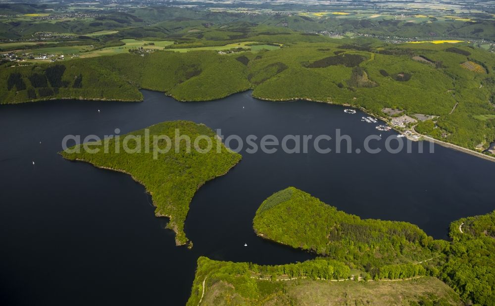 Aerial image Simmerath - Dam and shore areas at the lake Rurstausee in Simmerath in the state North Rhine-Westphalia