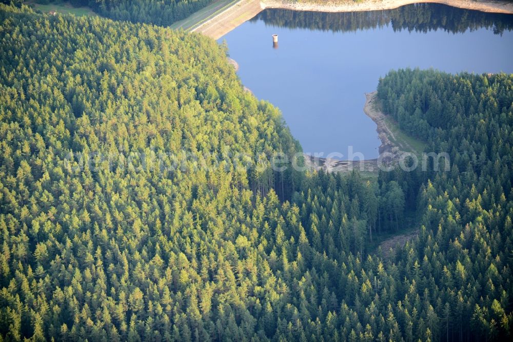 Aerial image Tatrovice - Dam and shore areas at the lake in Tatrovice in Czech Republic