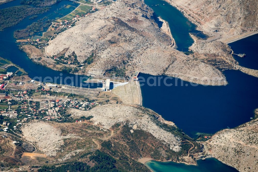 Vau-Deja from above - Dam - dam and shore areas of the reservoir and Spathara reservoir in Vau Deja in Albania. The hydropower plant Ashta's a run hydropower plant on the river