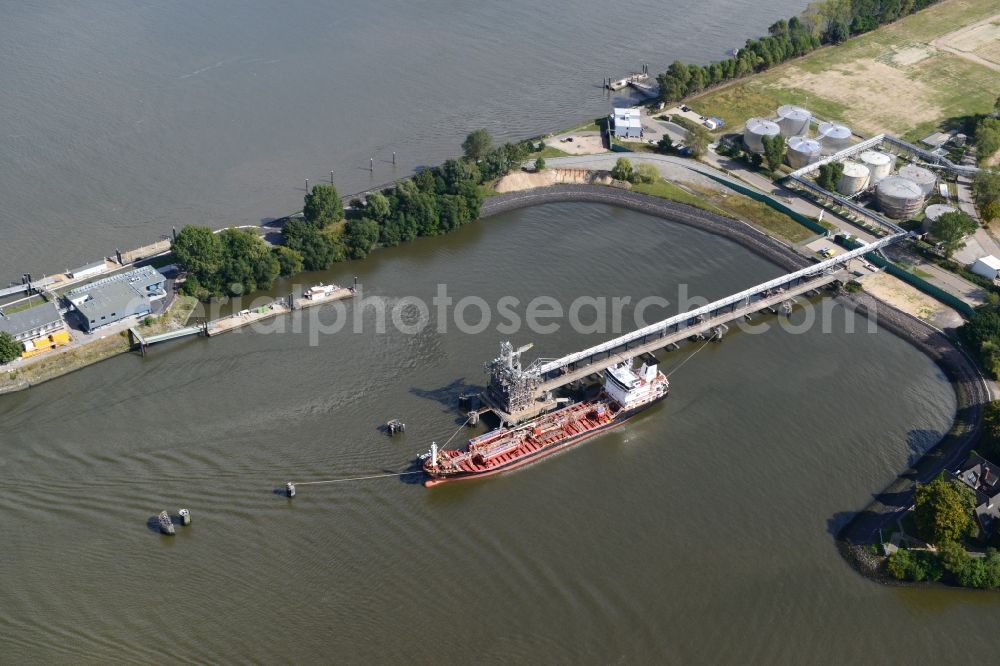 Hamburg from above - Tanker jetty Koehlfleet harbour in Hamburg-Waltershof. Nautical pilot station Seemannshoeft is the Hamburg Port Authority HPA