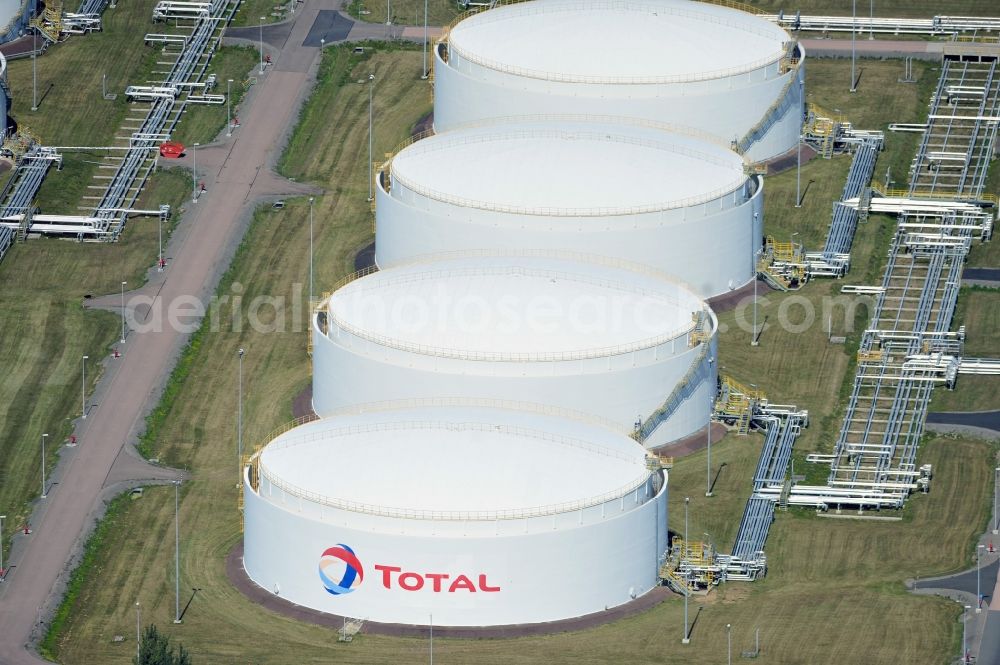 Leuna from the bird's eye view: View at the fuel tanks of the TOTAL refinery in central Germany in Leuna in the federal state of Saxony-Anhalt. The TOTAL refinery chemical site Leuna is one of the most modern refineries in Europe