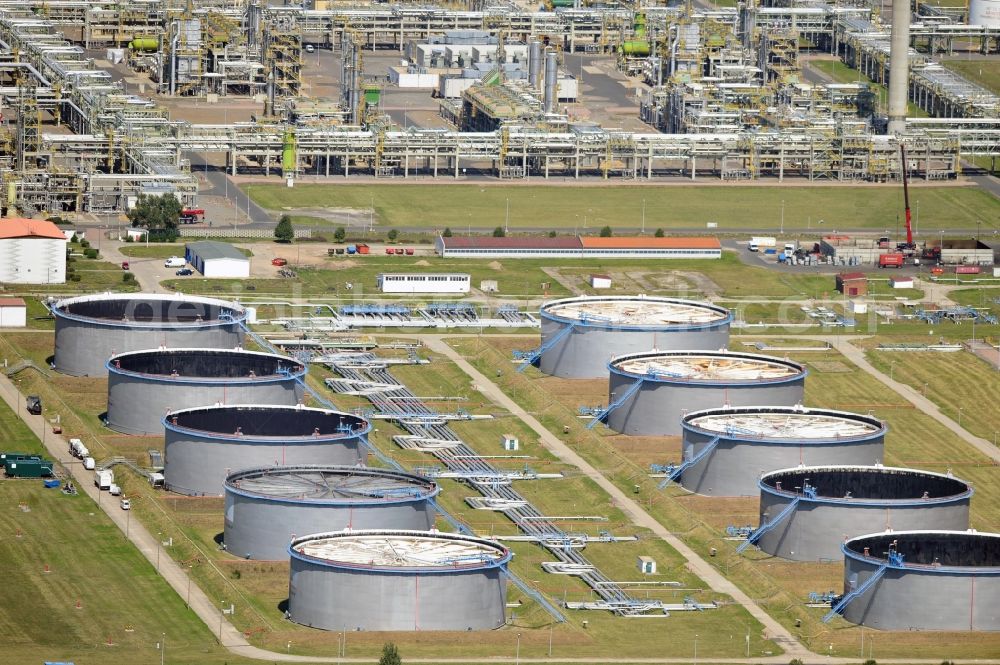 Aerial image Leuna - View at the fuel tanks of the TOTAL refinery in central Germany in Leuna in the federal state of Saxony-Anhalt. The high tanks of the TOTAL refinery chemical site Leuna are part of the most modern refineries in Europe