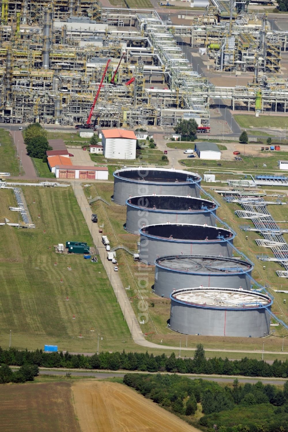 Leuna from above - View at the fuel tanks of the TOTAL refinery in central Germany in Leuna in the federal state of Saxony-Anhalt. The TOTAL refinery chemical site Leuna is one of the most modern refineries in Europe