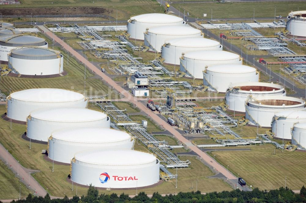 Leuna from the bird's eye view: View at the fuel tanks of the TOTAL refinery in central Germany in Leuna in the federal state of Saxony-Anhalt. The TOTAL refinery chemical site Leuna is one of the most modern refineries in Europe