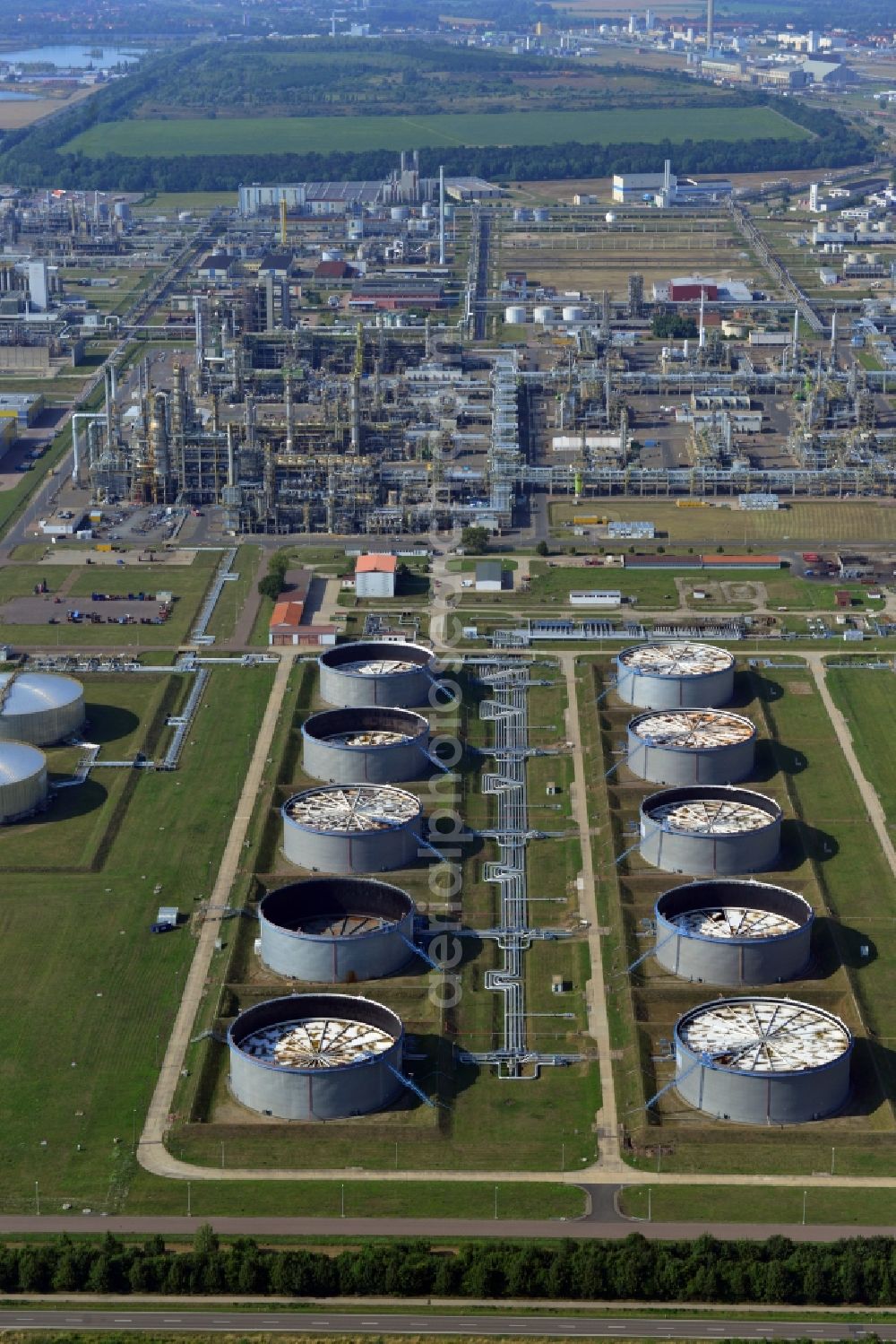 Leuna from above - View at the fuel tanks of the TOTAL refinery in central Germany in Leuna in the federal state of Saxony-Anhalt. The high tanks of the TOTAL refinery chemical site Leuna are part of the most modern refineries in Europe