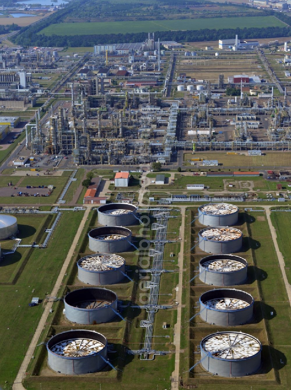 Leuna from the bird's eye view: View at the fuel tanks of the TOTAL refinery in central Germany in Leuna in the federal state of Saxony-Anhalt. The high tanks of the TOTAL refinery chemical site Leuna are part of the most modern refineries in Europe