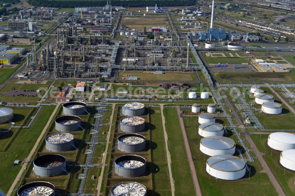 Aerial image Leuna - View at the fuel tanks of the TOTAL refinery in central Germany in Leuna in the federal state of Saxony-Anhalt. The high tanks of the TOTAL refinery chemical site Leuna are part of the most modern refineries in Europe