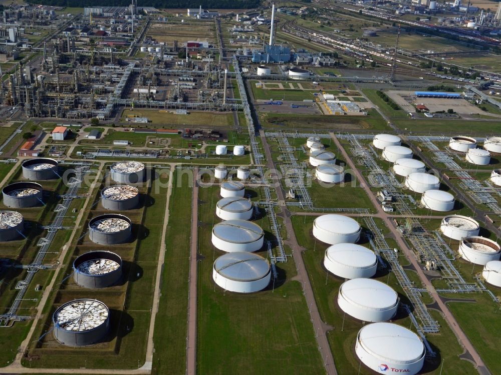 Leuna from above - View at the fuel tanks of the TOTAL refinery in central Germany in Leuna in the federal state of Saxony-Anhalt. The high tanks of the TOTAL refinery chemical site Leuna are part of the most modern refineries in Europe