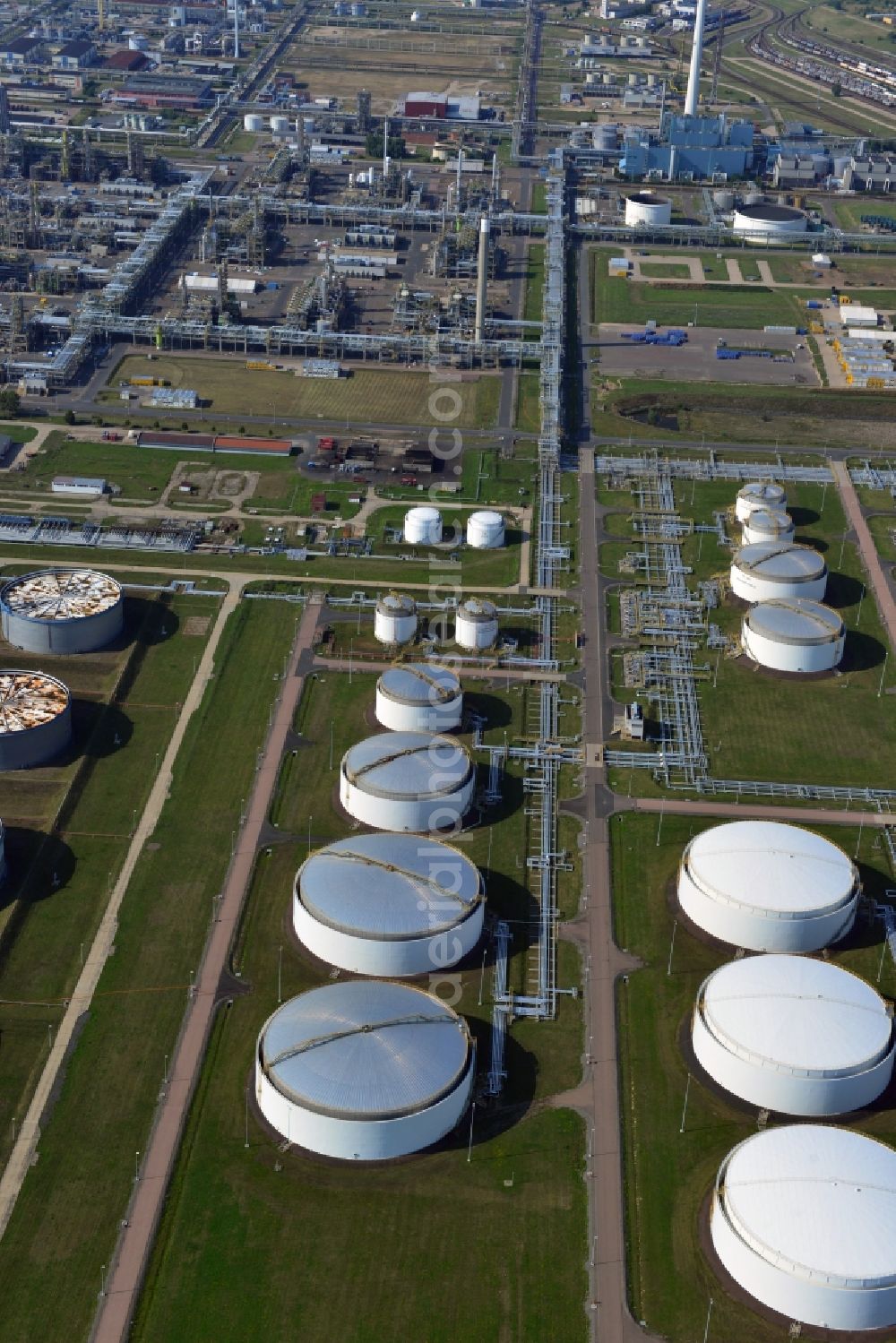 Aerial image Leuna - View at the fuel tanks of the TOTAL refinery in central Germany in Leuna in the federal state of Saxony-Anhalt. The high tanks of the TOTAL refinery chemical site Leuna are part of the most modern refineries in Europe